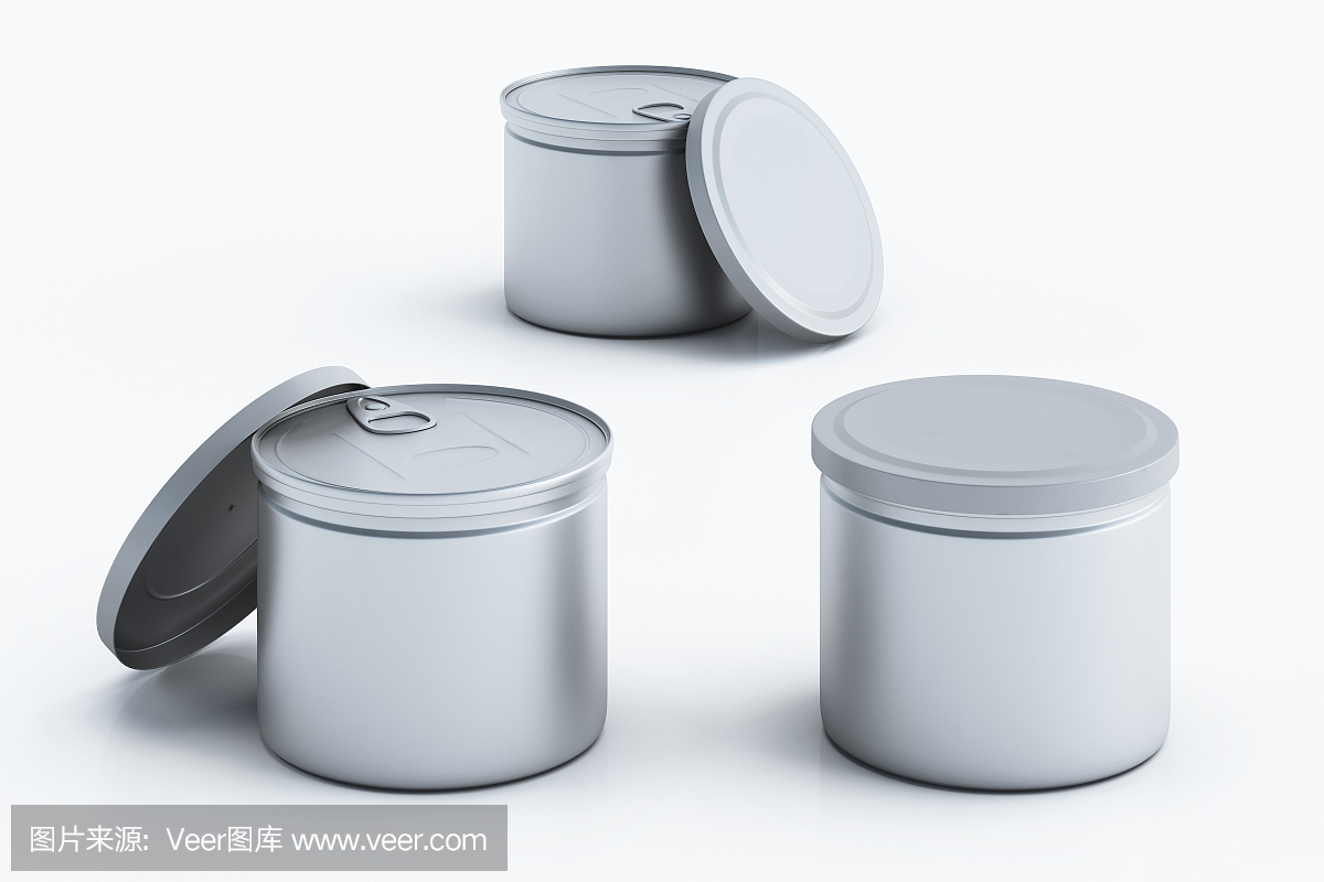 一套鋁包裝的食品與金屬帽在白色背景。罐頭模擬3d插圖。